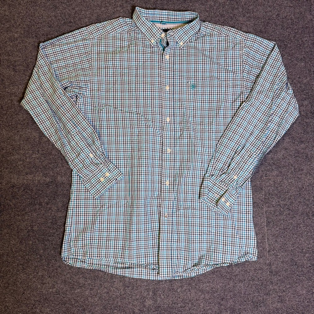 Ariat Pro Series Mens XL Fitted Plaid Button Down Shirt Blue White Long Sleeve